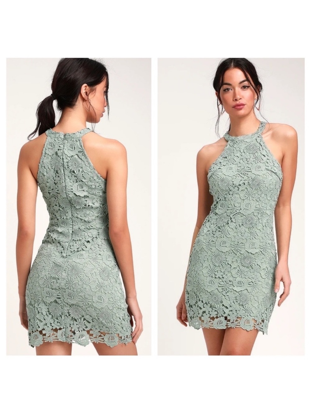 Lulus love poem sage green lace halter mini dress NWT size large